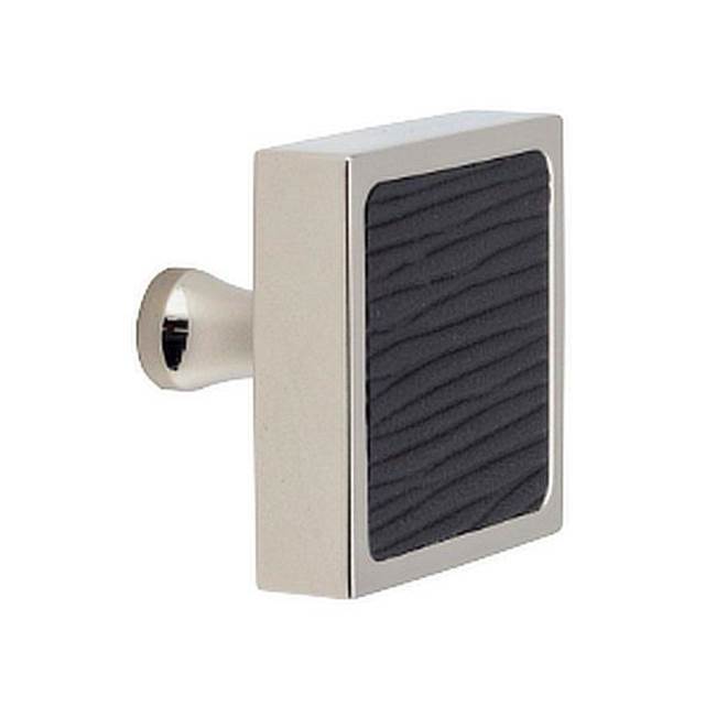 Colonial Bronze Leather Accented Square Cabinet Knob With Flared Post, Satin Graphite x Pinseal Black Seal Leather